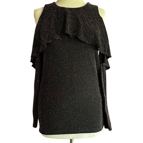 Womens Top Size Small Black Gold Details Open Shoulder Ruffle Detail Glam Party - Picture 1 of 8